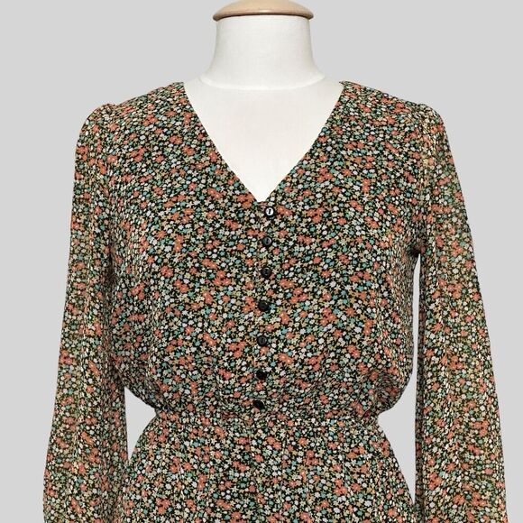 Enfocus Studio Womens Dress 4 Black Orange Ditsy Floral Cottagecore Prairie Midi - Picture 2 of 13